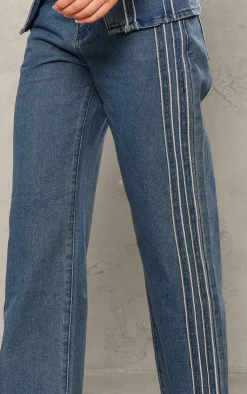 Hot PrettyLittleThing Raw Stripe Detail Straight Leg Jeans Indigo