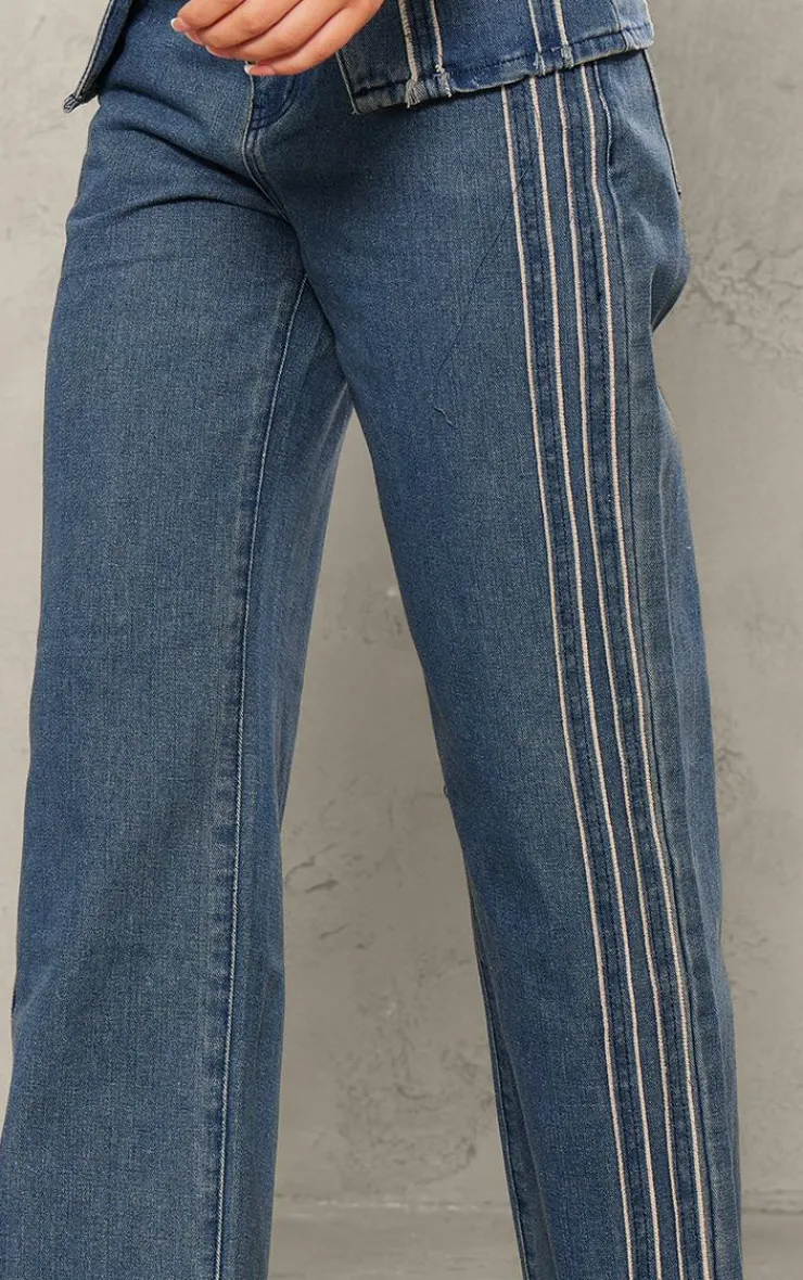 Hot PrettyLittleThing Raw Stripe Detail Straight Leg Jeans Indigo