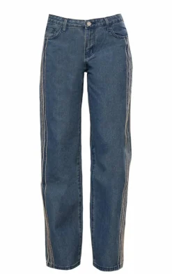 Hot PrettyLittleThing Raw Stripe Detail Straight Leg Jeans Indigo