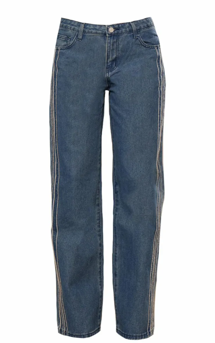 Hot PrettyLittleThing Raw Stripe Detail Straight Leg Jeans Indigo