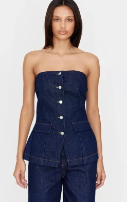 Best PrettyLittleThing Strapless Button Down Pocket Detail Denim Top Indigo