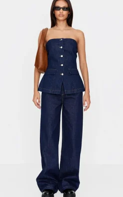 Best PrettyLittleThing Strapless Button Down Pocket Detail Denim Top Indigo