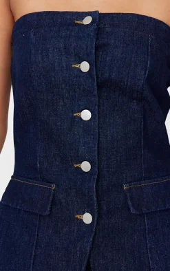 Best PrettyLittleThing Strapless Button Down Pocket Detail Denim Top Indigo