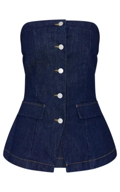 Best PrettyLittleThing Strapless Button Down Pocket Detail Denim Top Indigo