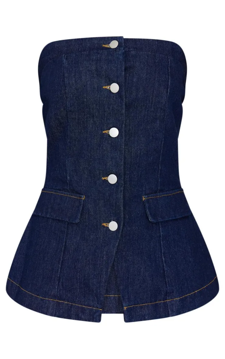 Best PrettyLittleThing Strapless Button Down Pocket Detail Denim Top Indigo