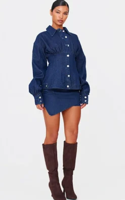 New PrettyLittleThing Tailored Style Long Sleeved Denim Shirt Indigo