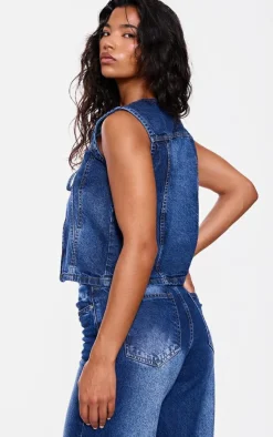 Sale PrettyLittleThing Tie Front Denim Vest Indigo