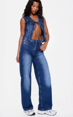 Sale PrettyLittleThing Tie Front Denim Vest Indigo