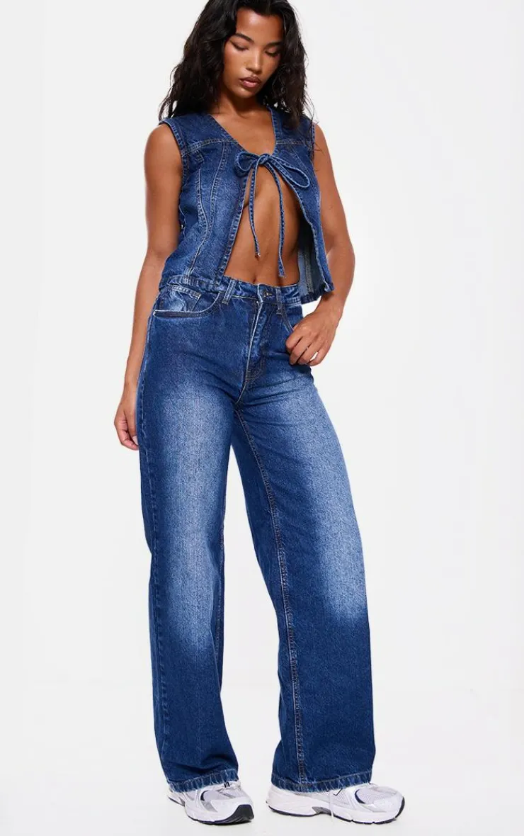 Sale PrettyLittleThing Tie Front Denim Vest Indigo