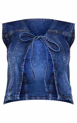 Sale PrettyLittleThing Tie Front Denim Vest Indigo