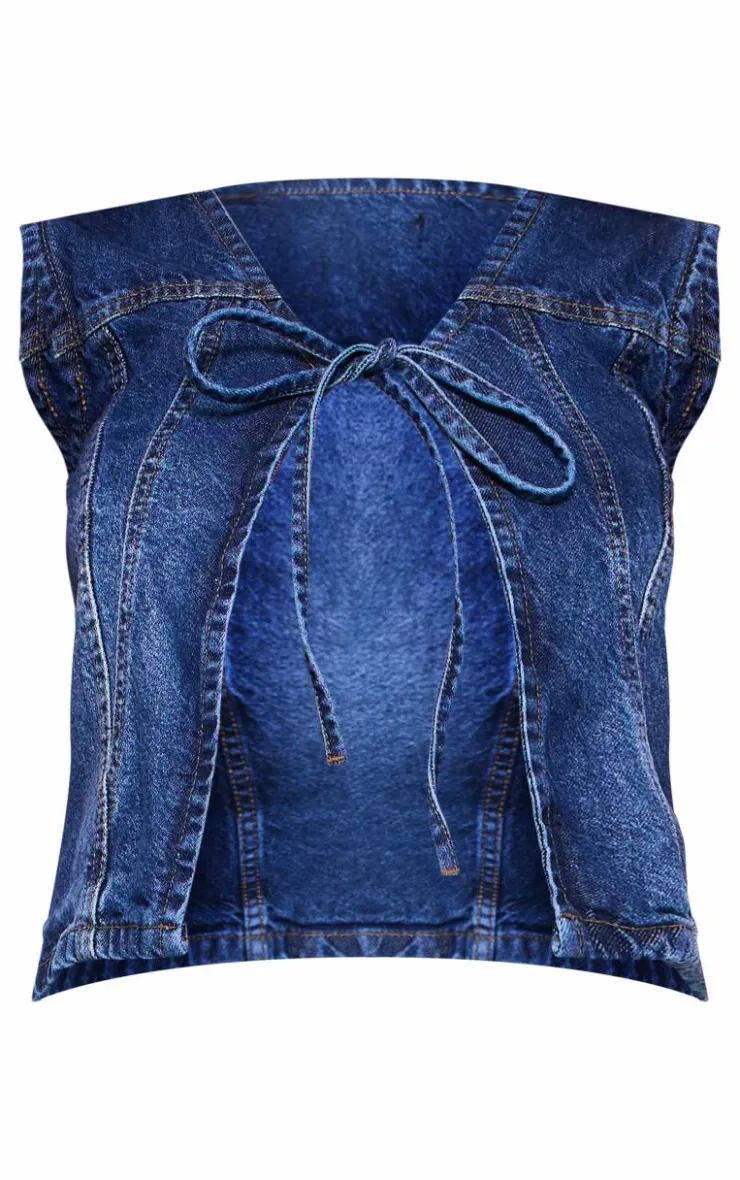 Sale PrettyLittleThing Tie Front Denim Vest Indigo