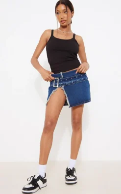 Indigo Vintage Wash Belt Detail Frayed Edge Mini Skirt