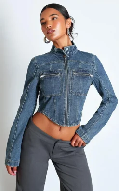 Clearance PrettyLittleThing Biker Detail Curved Hem Denim Jacket Indigo Vintage Wash