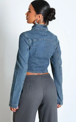 Clearance PrettyLittleThing Biker Detail Curved Hem Denim Jacket Indigo Vintage Wash