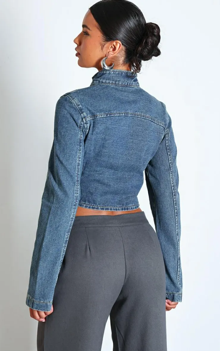 Clearance PrettyLittleThing Biker Detail Curved Hem Denim Jacket Indigo Vintage Wash