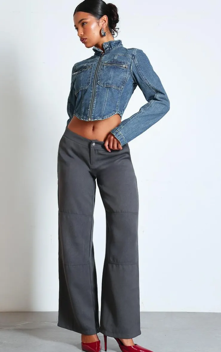 Clearance PrettyLittleThing Biker Detail Curved Hem Denim Jacket Indigo Vintage Wash
