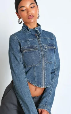 Clearance PrettyLittleThing Biker Detail Curved Hem Denim Jacket Indigo Vintage Wash