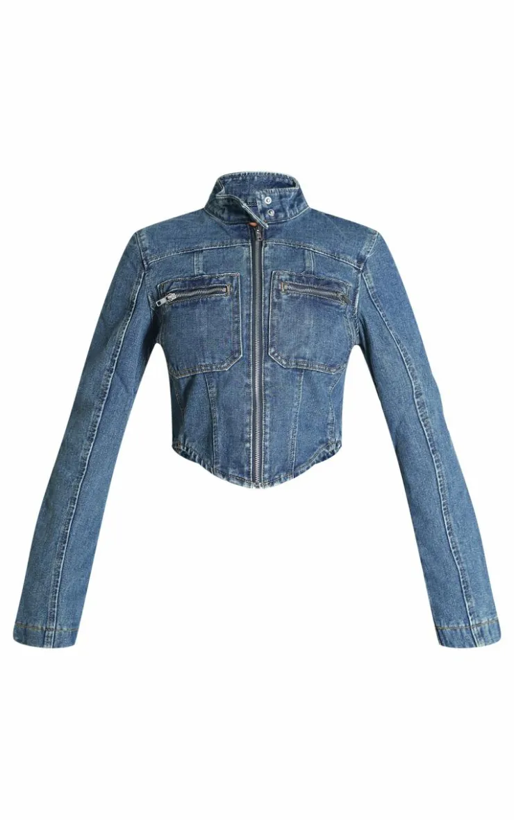 Clearance PrettyLittleThing Biker Detail Curved Hem Denim Jacket Indigo Vintage Wash
