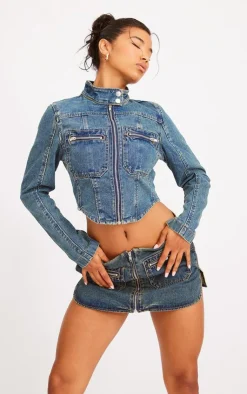 Online PrettyLittleThing Biker Detail Curved Hem Denim Skirt Indigo Vintage Wash