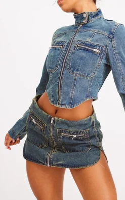 Online PrettyLittleThing Biker Detail Curved Hem Denim Skirt Indigo Vintage Wash