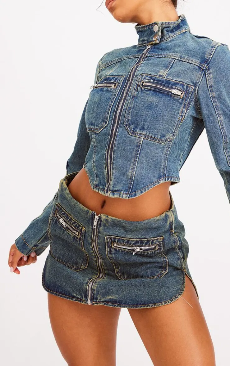 Online PrettyLittleThing Biker Detail Curved Hem Denim Skirt Indigo Vintage Wash