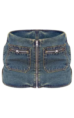 Online PrettyLittleThing Biker Detail Curved Hem Denim Skirt Indigo Vintage Wash
