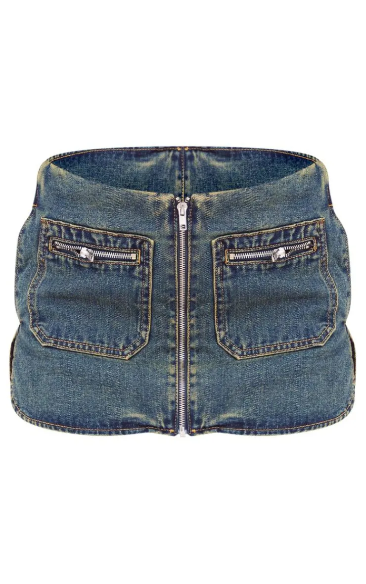 Online PrettyLittleThing Biker Detail Curved Hem Denim Skirt Indigo Vintage Wash