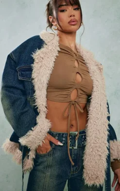 Indigo Vintage Wash Borg Contrast Tie Waist Denim Jacket