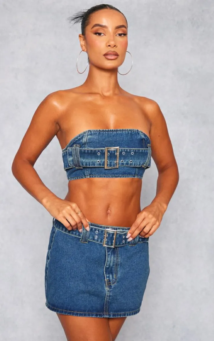 Best PrettyLittleThing Buckle Detail Denim Mini Skirt Indigo Vintage Wash
