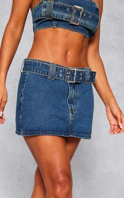 Best PrettyLittleThing Buckle Detail Denim Mini Skirt Indigo Vintage Wash