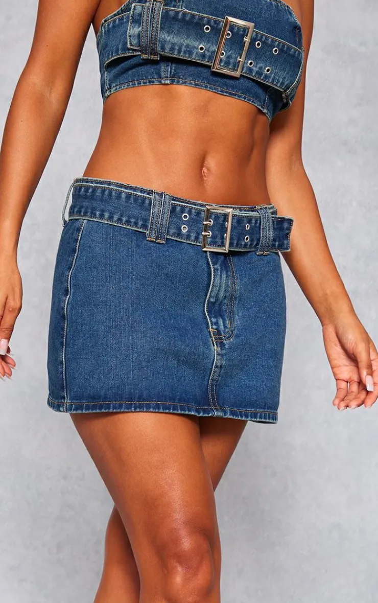 Best PrettyLittleThing Buckle Detail Denim Mini Skirt Indigo Vintage Wash