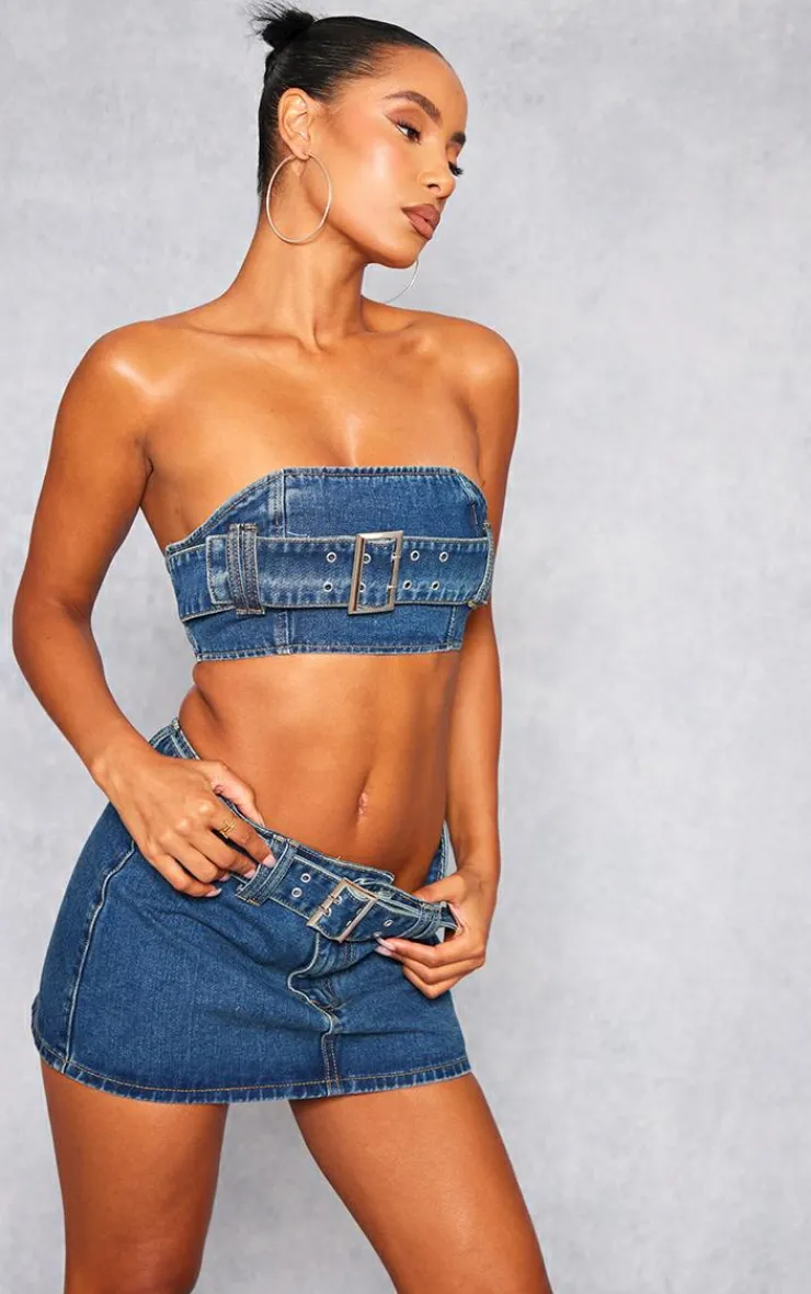 Outlet PrettyLittleThing Buckle Detail Denim Mini Bandeau Top Indigo Vintage Wash