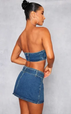 Outlet PrettyLittleThing Buckle Detail Denim Mini Bandeau Top Indigo Vintage Wash
