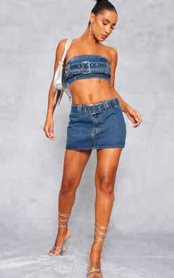 Outlet PrettyLittleThing Buckle Detail Denim Mini Bandeau Top Indigo Vintage Wash