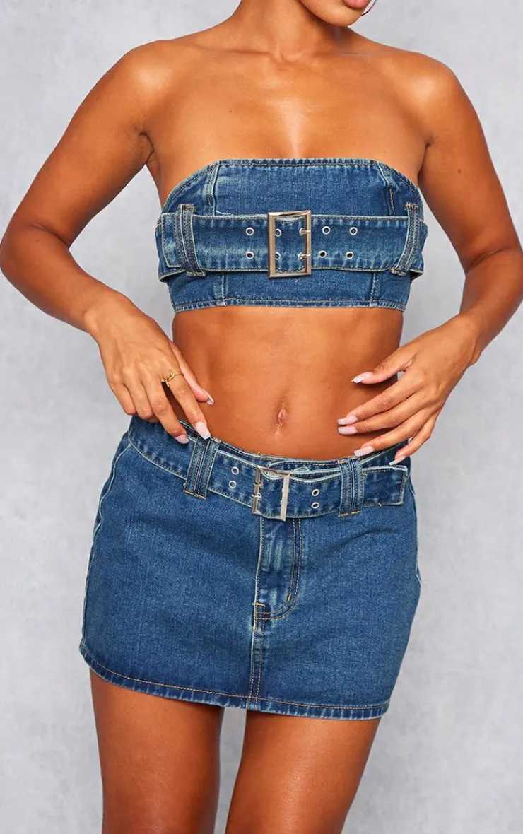 Outlet PrettyLittleThing Buckle Detail Denim Mini Bandeau Top Indigo Vintage Wash