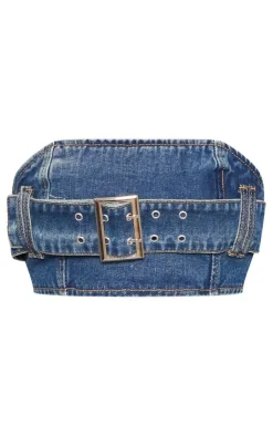 Outlet PrettyLittleThing Buckle Detail Denim Mini Bandeau Top Indigo Vintage Wash