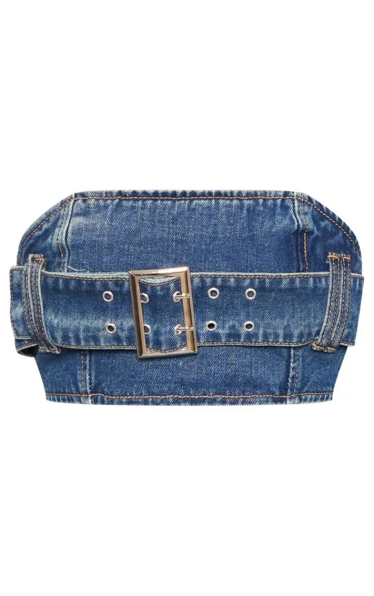 Outlet PrettyLittleThing Buckle Detail Denim Mini Bandeau Top Indigo Vintage Wash