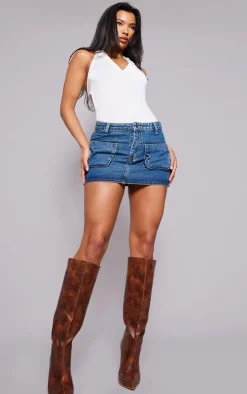 Indigo Vintage Wash Cargo Pocket Front Denim Mini Skirt
