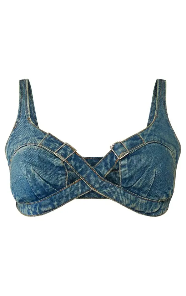 PrettyLittleThing Bralets*Cut Out Buckle Detail Denim Bralet