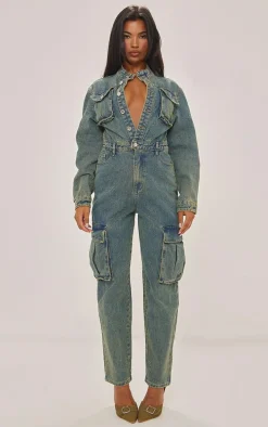 Indigo Vintage Wash Denim Cargo Racer Neck Jumpsuit