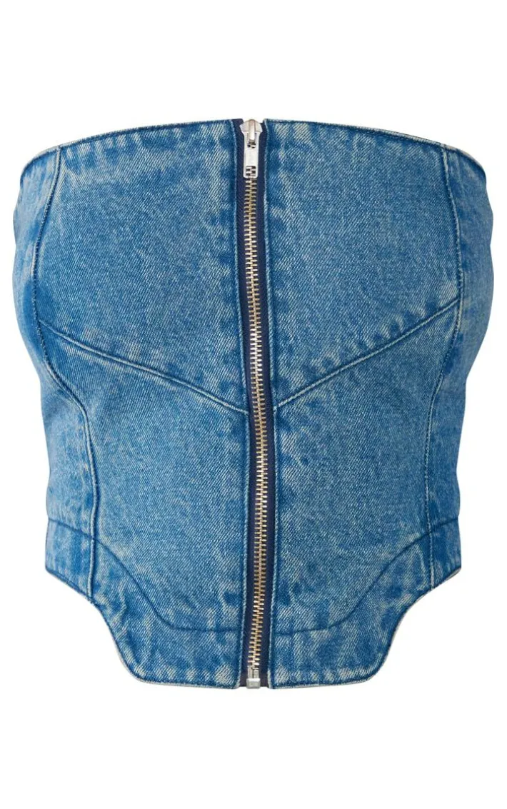 Indigo Vintage Wash Dip Hem Zip Front Denim Top