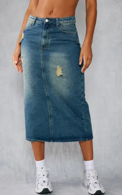 Indigo Vintage Wash Distressed Denim Midi Skirt