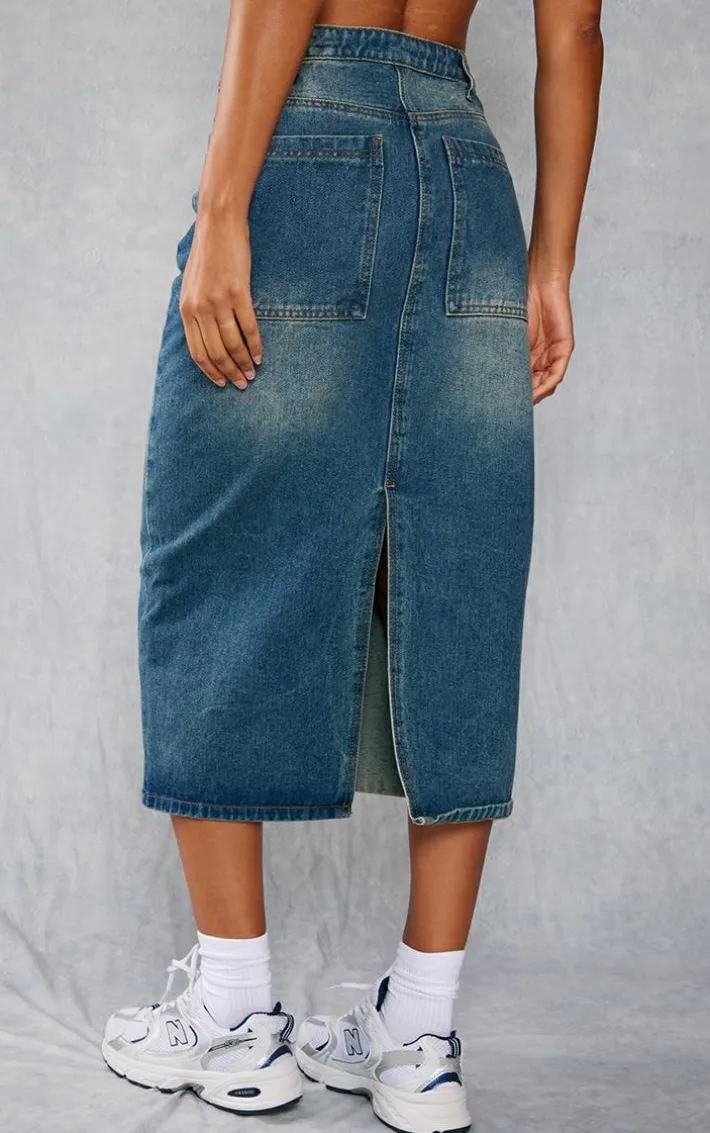 Indigo Vintage Wash Distressed Denim Midi Skirt