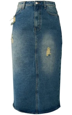 Indigo Vintage Wash Distressed Denim Midi Skirt