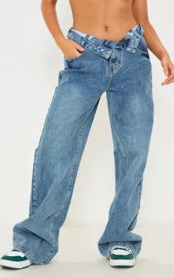Indigo Vintage Wash Foldover Waistband Wide Leg Jeans