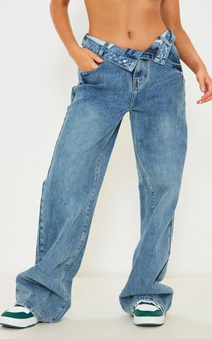 Indigo Vintage Wash Foldover Waistband Wide Leg Jeans
