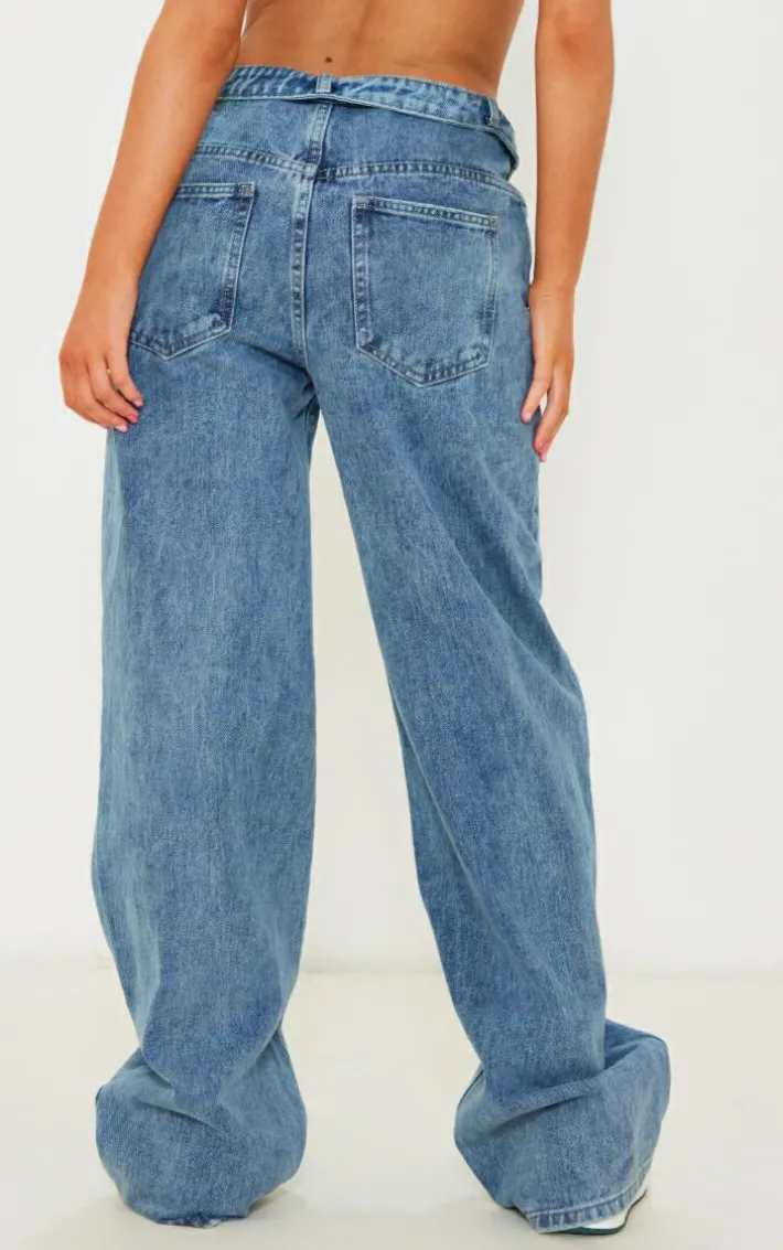 Indigo Vintage Wash Foldover Waistband Wide Leg Jeans