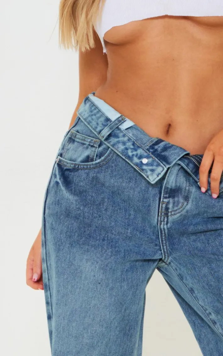 Indigo Vintage Wash Foldover Waistband Wide Leg Jeans