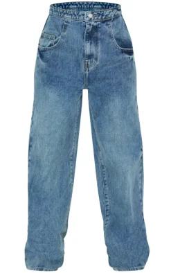 Indigo Vintage Wash Foldover Waistband Wide Leg Jeans