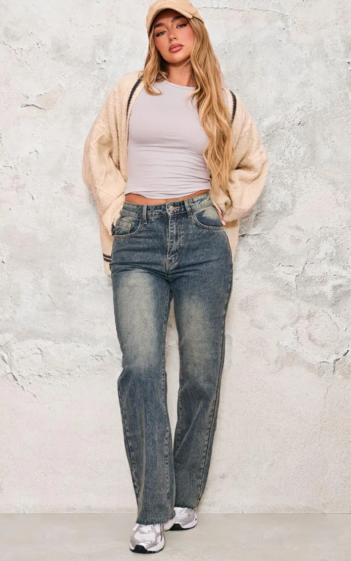 Indigo Vintage Wash Frayed Hem Wide Leg Jeans